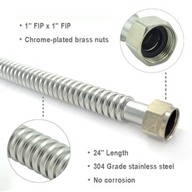 TT FLEX Stainless Steel Corrugated Water Heater Connector Flexible for Water Heater Softener, 1" FIP x 1" FIP, 0.92" ID x 24" Length (2 Pack)