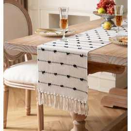 Caflife Boho Table Runner 108 Inchs Long for Modern Farmhouse Room Home Decor, Black and Beige Coffee Table Runner, Natural Cotton Woven with Tassels Neutral, for Kitchen Dining Table Decor