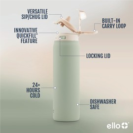 Ello - Pop & Fill - Botella de agua de acero inoxidable con tecnología QuickFill - Doble pared y aislamiento al vacío, tapa con bloqueo a prueba de fugas, reutilizable, sin BPA - 950 ml, pistache