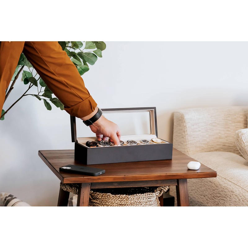 CASE ELEGANCE Solid Espresso Wood Watch Box Organizer with Glass