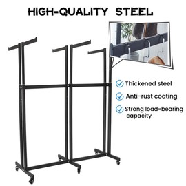 6 Arm Clothing Rack with Wheels, Clothing Display Racks for Retail, Adjustable Height Arms From 45.6" To 63", Floor Standing Metal Garment Rack, Rolling Rack for Clothes, Black