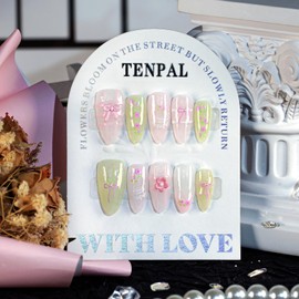 TENPAL Pink Green Press on Nails Almond Acrylic Fake Nails with Glue Handmade Sweet Love Fresh Flowers Designs Glossy False Nails Press Ons 10pcs Reusable Full Cover Nail Tips Natural Stick On(L)