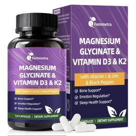 Glicinato de magnesio 600 mg Vitamina D3 K2 Suplemento con zinc, L-teanina y melatonina - Apoyo seo, energa y control del estado de nimo, salud del...
