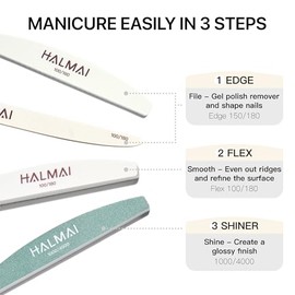 Halmai HALMAI Kit profesional de limas y pulidores de uñas de 7 piezas, grano 100/180 - Juego de manicura reutilizable de doble cara con abrillantador