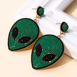 Beaded Alien Earrings Chunky Green UFO Alien Drop Dangle Earring for Women Funny Earring Birthday Gifts, beads, No Gemstone