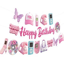 Pink 2000s Party Banners 3Pcs Happy Birthday Garland Y2K Banners for Girls Theme Baby Shower Birthday Party Supplies