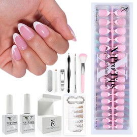 SXC Cosmetics French Tip Press On Nails, Pink Starter Kit, Ultra Fit with Pre-applied Tip Primer and Base Coat, Nail Art DIY X-Pro Tips Kit Nail Care:_Short Almond Kit