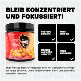 FTWIN HIGH VOLTAGE BOOSTER | For Gamers and E-PORTLERS | Reflex - Focus - Energy - Endurance | 320 g = 40 Servings (320 g, Peach Perfect)