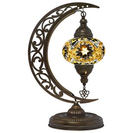 mozaist Turkish Lamp, Unique Lamps, Moon Shaped Mosaic Table Lamp, Moroccan Handmade Antique Bohemian Vintage Lamp Shade, Tiffany Desk Bedside Stained Glass Lamp with US Plug and E12 Socket