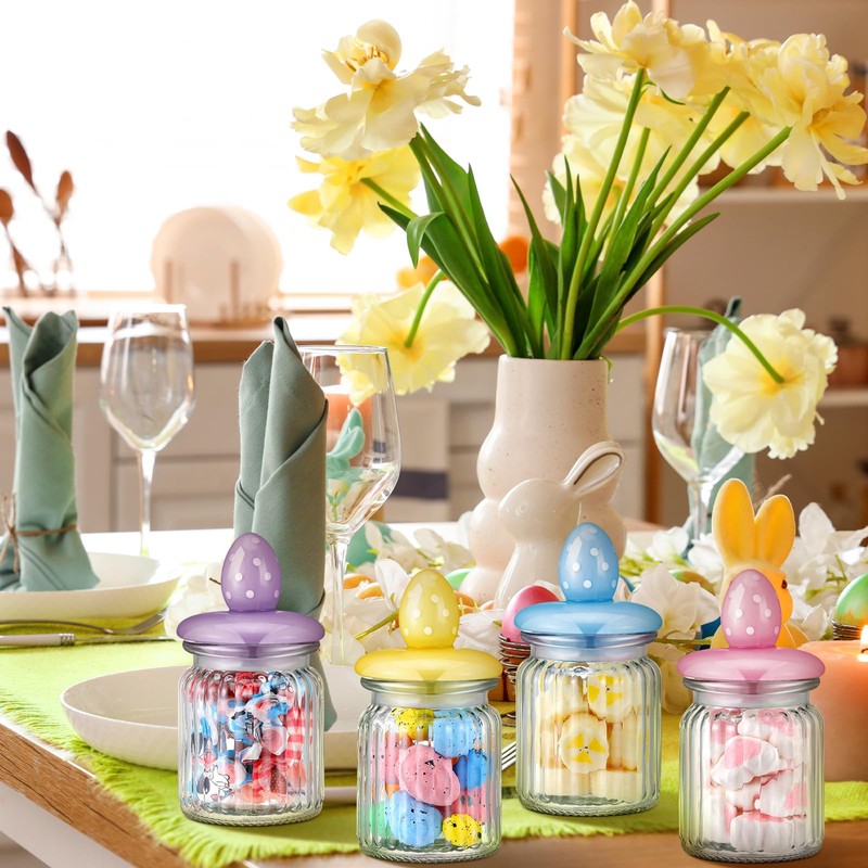 Nitial 4 Pcs Easter Glass Jar with Cap Bunny Rabbit