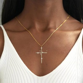 Cybche Vintage Rhinestone Cross Necklace Choker Pave CZ Large Cross Pendant Necklace Gold Crystal Cross Choker Necklace Thin Chain Cross Rhinestone Necklace Jewelry for Women