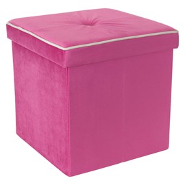 Simplify Velvet White Piping Folding Storage Ottoman, Toy Box Chest, Tufted Padded Seating, Bench, Foot Rest, Stool, Single, Pink