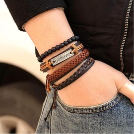 4 Piezas Pulsera Hombre, Pulseras Hombre Cuero,Accesorios para hombre resistentes ideales para regalos cumpleaños,Regalos para Regalos Dia del Padre para Papá y Hombre (Marrón)