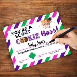 Scout Cookie Selling Boss Certificate | 50 pk 8.5x11” Striped Achievement Hitting Scout Sales Goal Boxes of Cookies Troop Leader
