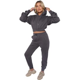 janisramone® Womens Fleece Tracksuit 2 PCs Lounge Set Ladies Ruched Sleeve Zipper Crop Hoodie Joggers Suit Casual Sports Loungewear Sets for Women, Casual Women Activewear & Airport Outfit Charcoal