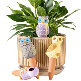 4 Pack Handmade Terracotta Owl Watering Spikes and Globes, Self-Watering Plant Devices with Slow Release System for Continuous Moisture, Perfect Water Bulbs for Indoor and Outdoor Plants Vacation Use