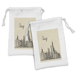 Ambesonne Chicago Skyline Fabric Pouch Set of 2, Vintage Style Urban Silhouette Country Culture Architecture Capital, Small Drawstring Bag for Toiletries Masks and Favors, 9" x 6", Beige Dark Brown
