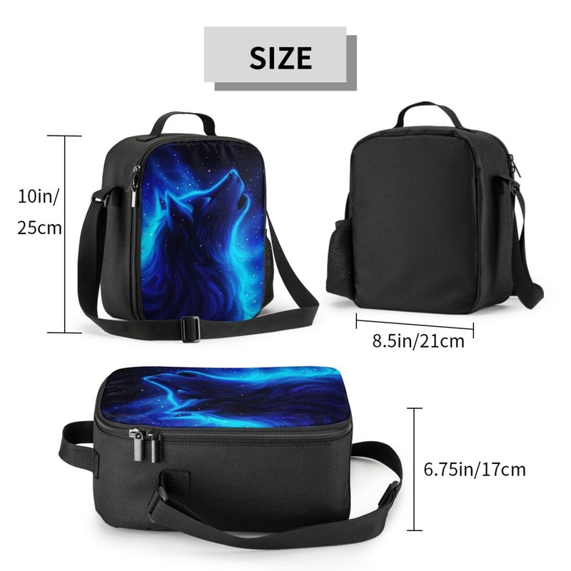 JIMOWANG Blue Wolf Insulated Lunch Bag with Shoulder Strap and