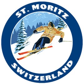 St. Moritz, Switzerland Skiing Resort Spots Yellow Skiier Decorative Car Truck Window Sticker Decal Vinyl Die-Cut Badge Emblem Vacation Souvenir Travel Gear
