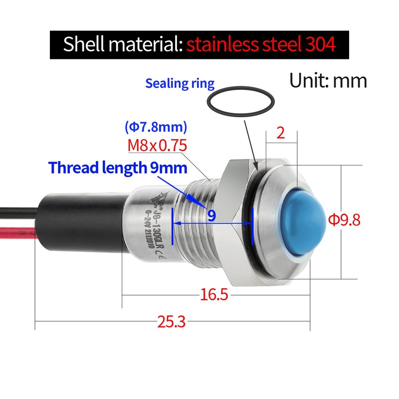 ZGSZJHF UL Listed Mini Indicator Light 8mm 0.31" Waterproof IP67