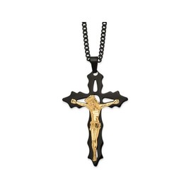 Mens Black Stainless Steel Large Crucifix Cross Pendant Necklace with Chain (24 Inches)
