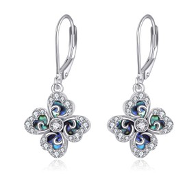 Clover Earrings 925 Silver Abalone Earrings Clover Leaf Earrings Hanging Silver 925 Clover Leaf Jewellery Gift for Women, Sterling Silver, No Gemstone