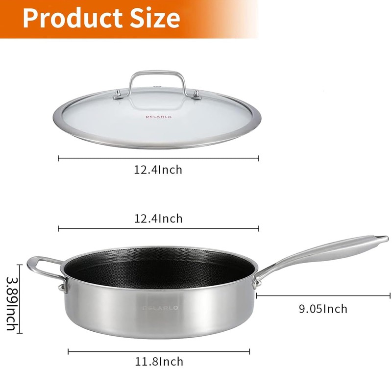 DELARLO Tri-Ply Stainless Steel 12 Inch Deep Frying Pan with