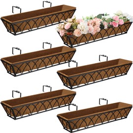 Mifoci 6 Pack Window Railing Planter 30 Inch Deck Black Metal Hanging Flower Planter Rectangular Window Railing Boxes Basket with Coconut Liner for Patio Porch Balcony Garden Outdoor