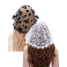 Mantveil 2 Packs Catholic Church Head Covering Floral Lace Mantilla Chapel Cap Veil Round Mass Veil (White+Black)