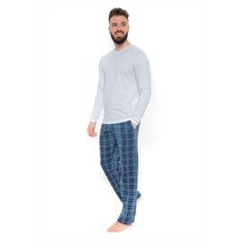 Mens Long Sleeve Pyjamas set Cotton Rich Top Brushed Fleece bottoms Top Pants PJ Pajamas Loungewear/Nightwear Gift (White - Navy Check Pants - Large)