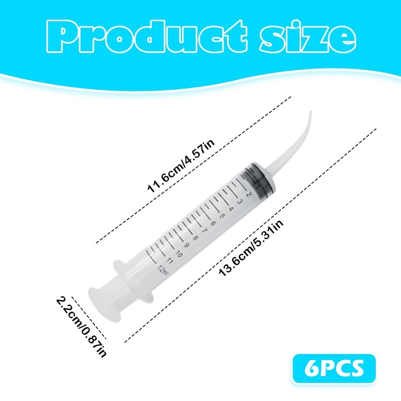 6 Pack 12cc Dental Irrigation Syringes ,Curved Tip Oral Care
