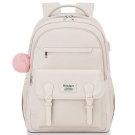 Student Laptop Backpack for College Teen Girls, Cute Middle High School Bag Women Bookbag Large Travel Back Pack Fit 15.6 Inch Laptop (Beige)