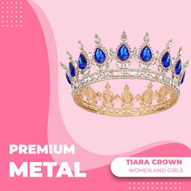Papoopy Crown for Women, Queen Crown Tiara for Princess Party (Gold Dark Blue)