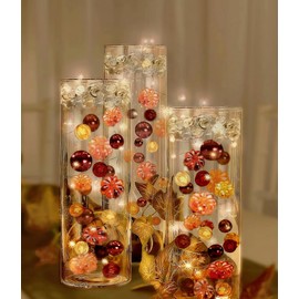 100 Fall Thanksgiving Floating Glowing Pumpkins & Pearls-Fills 2 Gallons-with Measured Transparent Gels Floating Kit+6 Warm White Submersible Fairy Lights-Vase Decorations