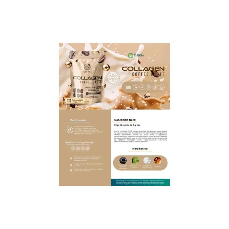 Plennia Collagen Coffee Latte 330g Cafe Soluble 30 Sobres
