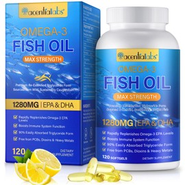 Omega 3 Fish Oil Supplement - Omega 3 Capsules High Strength 1280mg with EPA 650mg & DHA 450mg - 120 Count - Support Heart Brain Health