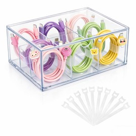 Qinpufu Cable Storage Box with Cable Ties, – Flip-Top Acrylic Cord Organizer with 9 Compartments, Dustproof Charger Holder for Home Office & Desk Organization