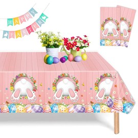 Table Runner Easter Rabbits, Pack of 2 Easter Tablecloth, Waterproof, Easter Rabbit, Easter Table Runner, Easter Egg Tablecloth, Plastic, Easter Tablecloth for Spring Kitchen Table, Easter Party