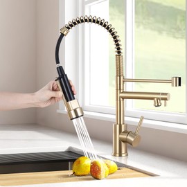 Qomolangma Brushed Gold Commerical Kitchen Faucet with Pull Down Sprayer, Champaign Gold Single Handle 2 Spout Spring Kitchen Sink Faucet with Lock, with Deck Plate