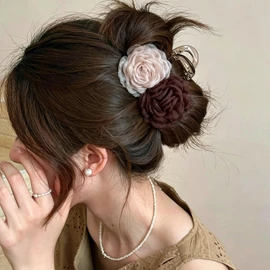 Large Chiffon Rose Flower Hair Claw Clips for Women Boho Mesh Floral Hair Pins Barrettes Strong Hold Non-Slip Beach Vacation Hair Accessories (Brown)
