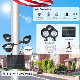 Flag Pole Light Solar Powered, Solar Flagpole Light Solar, 3-in-1 Flag Light with Adjustable Bracket & Metal Clamp, Fits 2-6'' 15-30 Ft Flagpole, Waterproof, 360 Degrees Illumination,Black