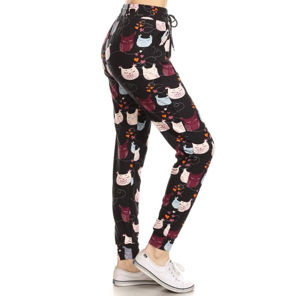 Leggings Depot JGA-R916-S Sleepy Owls Print Jogger Track Pants w/Pockets,