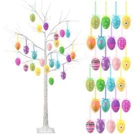 Aurelema 4 ft Easter White Birch Tree with LED Lights 48 Warm White LED Lighted Birch Tree 24 Pcs USB Easter Egg Centerpieces for Tables with Timer(Exquisite)