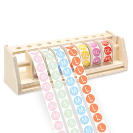 Menkxi 3500 Pcs Clothing Size Stickers Labels 7/8" with Wooden Tabletop Stickers Dispenser, Round Self Adhesive Labels for Clothing T Shirts Retail, 7 Size(Rainbow Color)