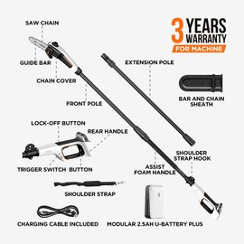 Litheli 20V Pole Saw Battery Powered for Tree Trimming, 8'' Electric Cordless Pole Chain Saw with 2.5Ah Battery for Tree Trimming 28ft/s Cutting Speed for Branch Cutting, Trimming, Pruning