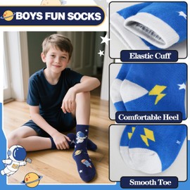 SAVALOS Kids Boys Fun Dress Cotton Crew Socks Funny Crazy Cartoon Cute Novelty Space Gifts Cotton Crew Dress Socks Stocking Stuffers 6 Pairs(Space,5-8 Years)