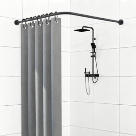 L Shaped Shower Curtain Rod 23.6"-54.3"*23.6"-54.3" Adjustable Corner Shower Curtain Rod, 90 degree Curved Curtain Rod for Bathroom Dressing Room Office Living Room Room Divider, Black