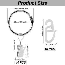 40Pcs Curtain Rod Ring Clips Set, 35mm ID Metal Drapery Ring Clips, Rustproof Hanger Ring Hook Clip, Shower Blind Clip Rings with S Plastic Hooks, Curtain Hangers Clips for Window Bathroom Kitchen