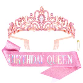 COCIDE Birthday Sash for Women Happy Birthday Crown Tiaras for Women Queen Princess Headband for Party Decoration Girl Black and Red Sahes Hair Accessories Favors Gift
