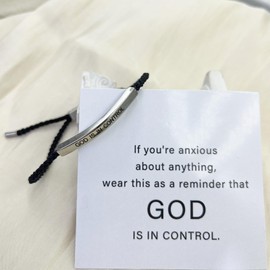 Lyfange Gold is in Control Bracelet for Men Women Adjustable Braided Stainless Steel Bracelet Engraving Inspirational Christian Faith Bracelets Christmas Birthday Gifts Jewelry (silver&black rope)